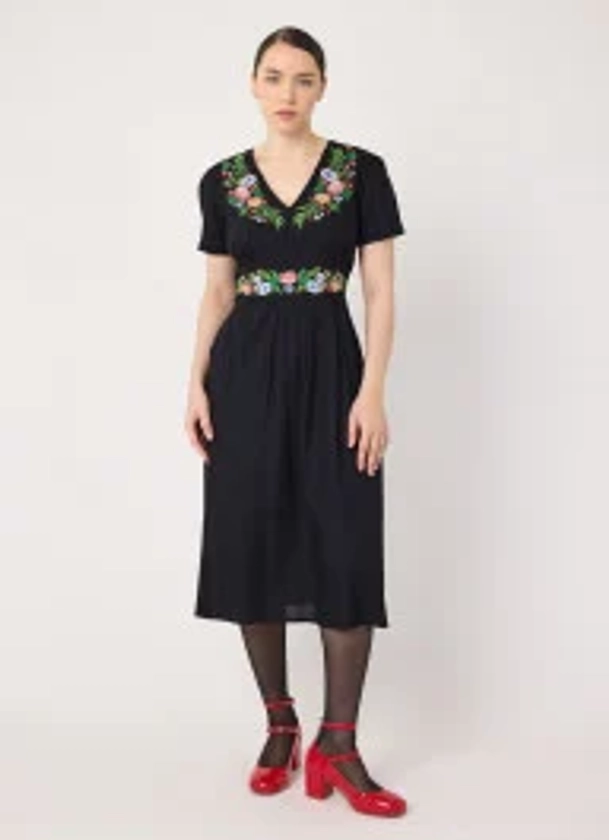 Wren Embroidered Floral Black Midi Dress