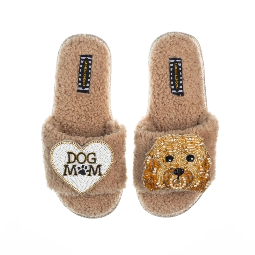 Teddy Toweling Slippers With Enki-Doo The Cockapoo & Dog Mum /Mom Brooches - Toffee