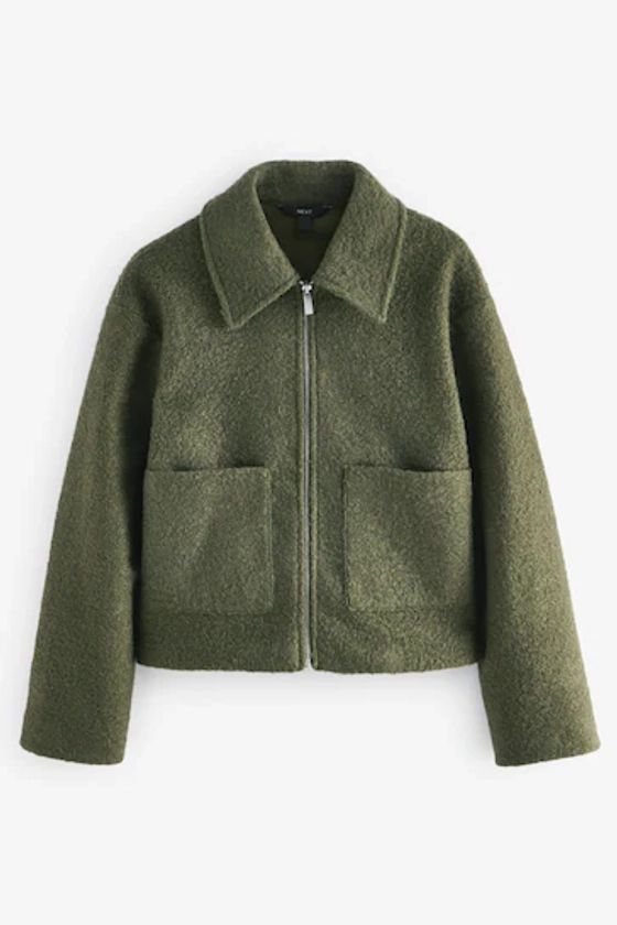 Olive Green Zip Through Short Textured Jacket