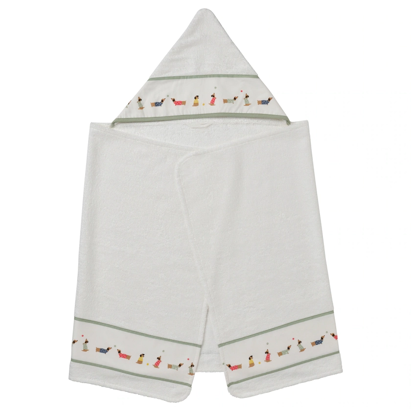 DRÖMSLOTT baby towel with hood, puppy pattern/white, 60x125 cm - IKEA