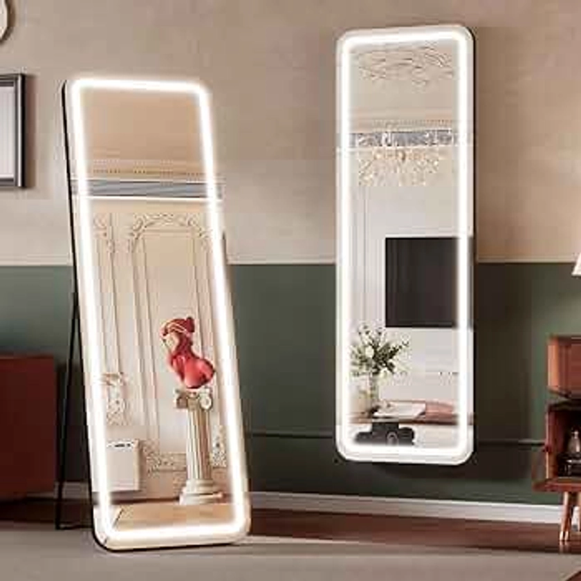 63"x20" LED Full-Length Mirror - Stand or Wall Mount Mirror with Lights, Full Body Mirror with Lights, 3 Color Modes, Dimmable Lights - Floor Length Mirror with Lights for Bedroom