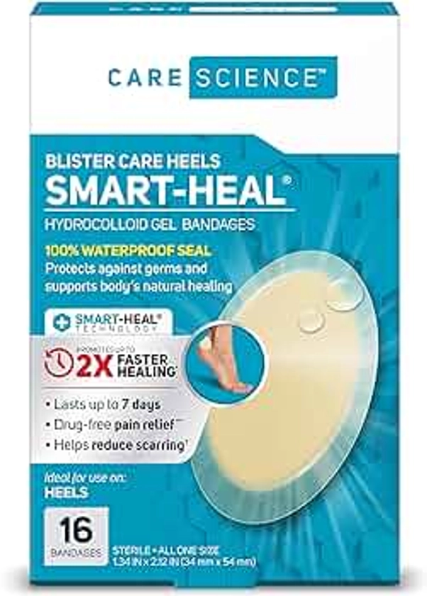 Care Science Fast Healing Hydrocolloid Gel Bandages for Heels, 1.3 in x 2.1 in, 16 count | Blister Prevention, 100% Waterproof Seal Promotes Up to 2X Faster Healing, for Wound Care or Blisters