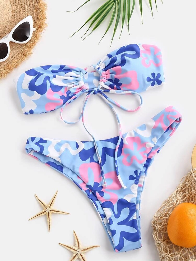 Floral Print Tie Front Bandeau Bikini Swimsuit: Baby Blue