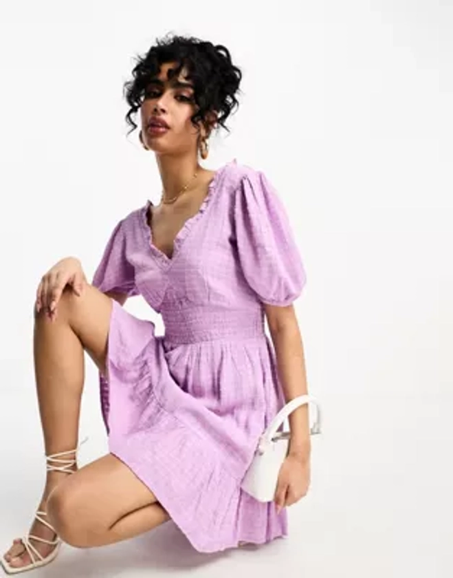 French Connection mini tea dress in lilac seersucker | ASOS