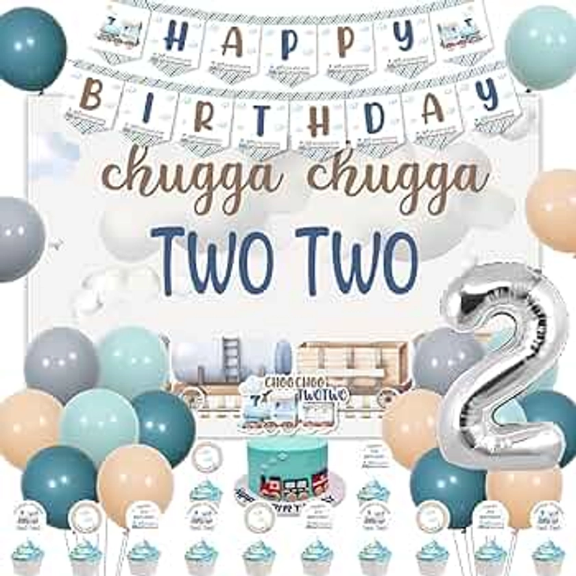 Chugga Chugga Two Two Birthday Party Decorations, 2nd Train Birthday Decorations, Retro Blue Balloons Backdrop Banner Cupcake Cake Toppers Number 2 Foil Balloon for 2 Year Old Birthday Party