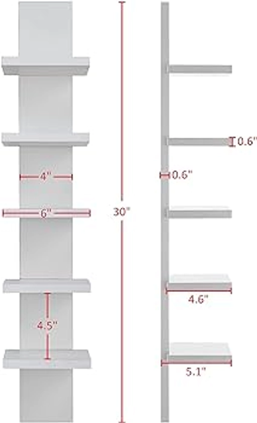 DANYA B 5 Tier Wall Shelf Unit Narrow Smooth White Laminate Finish - Vertical Column, Floating Storage Home Decor Organizer Tall Tower Design Utility Shelving Bedroom Living Room (White)