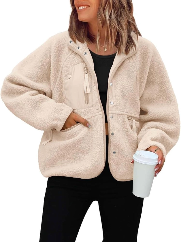 ReachMe Womens Sherpa Jacket Casual Lapel Button Down Cropped Fuzzy Fleece Jackets Long Sleeve Winter Coats with Pockets