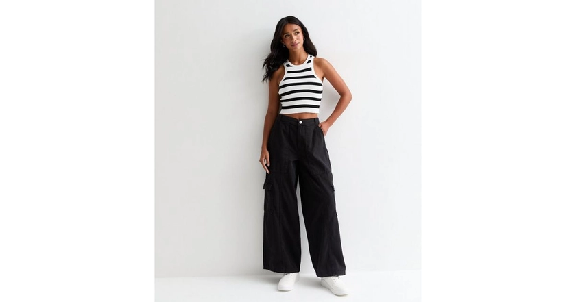 Petite Black Cotton Cargo Wide Leg Trousers | New Look