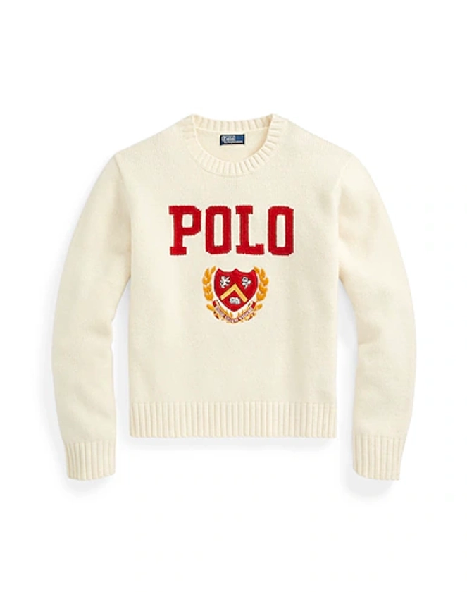 LOGO & CREST WOOL CREWNECK SWEATER POLO RALPH LAUREN | Pullover Ivoire Femme | YOOX