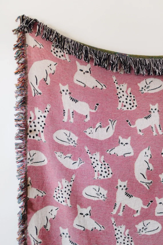 Pink Cat Blanket: Woven Cotton Throw, Cute Kawaii Gift for Animal or Pet Lovers, Unique Eclectic Colorful Maximalist Decor, Kids Bedding