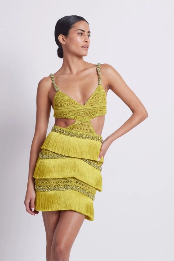 Vestido curto vibrant fringe verde