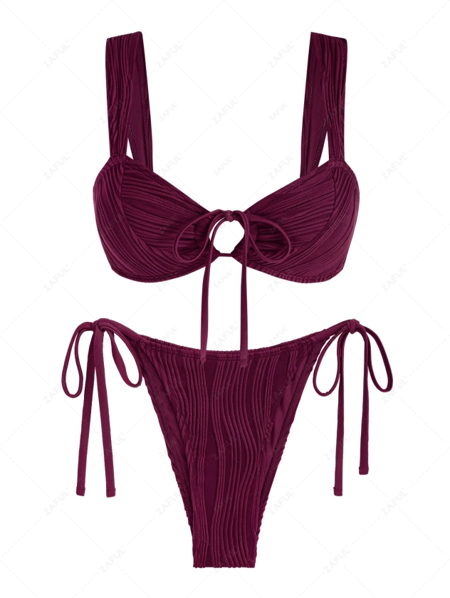 ZAFUL Women's Wave Textured Cinched Knotted Tied Side Tanga Two Piece Swimwear Bikini Set