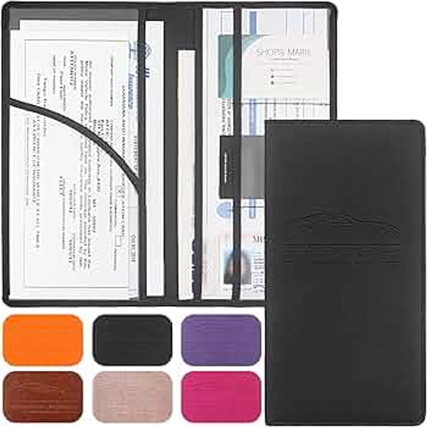 Premium Leather Car Registration & Insurance Card Holder with Magnetic Shut, Vehicle Glove Box Car Organizer - For Documents, Cards, License (Black)