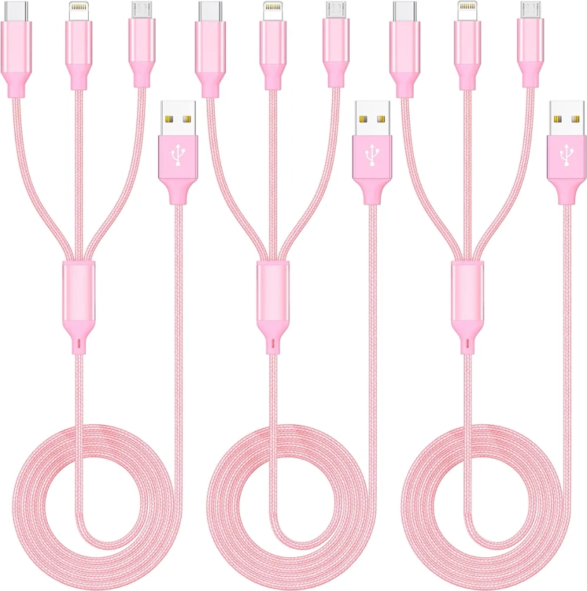 Multiple Charger Cable 3Pack 4FT Multi Charging Cable Rapid Nylon Braided Cord USB Charging Cable 3 in 1 Multi Phone Charger Cord with Type C Micro Lightning USB Connectors for Cell Phones Pink