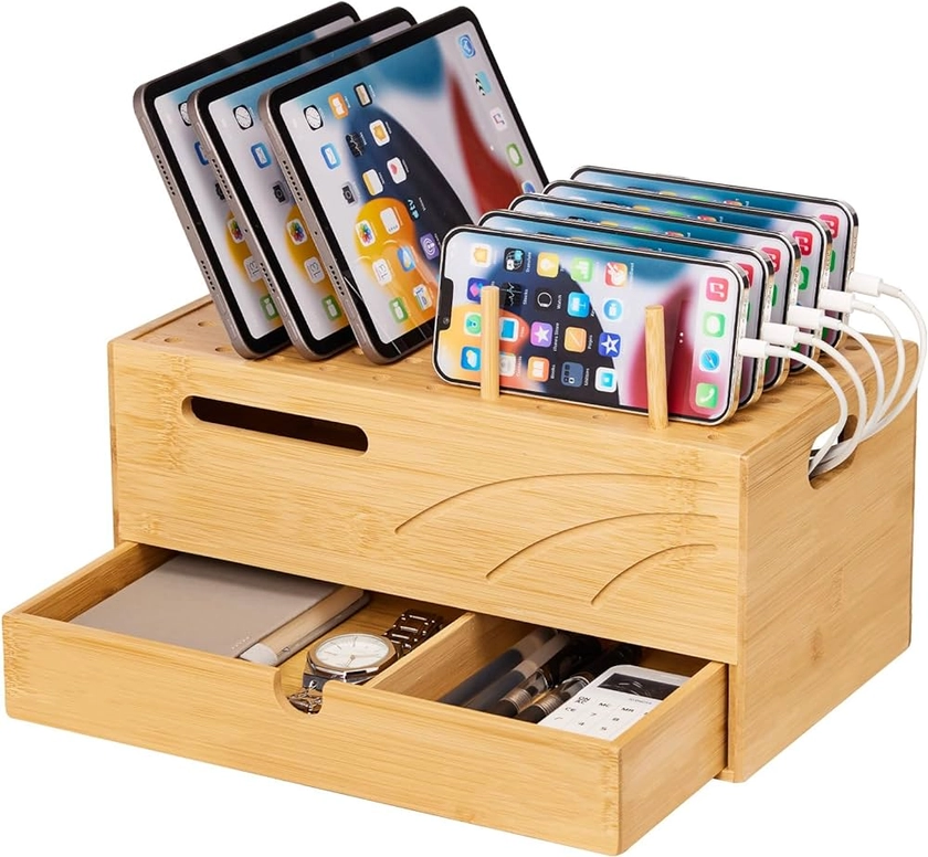 Cozivolife Bamboo Charging Station for Multiple Devices, Charger Station Organizer Desk Docking Station Rack for Phones, Tablets, Laptop, Perfect to Work from Home (Natural,with Drawer) : Buy Online at Best Price in KSA - Souq is now Amazon.sa: Electronics
