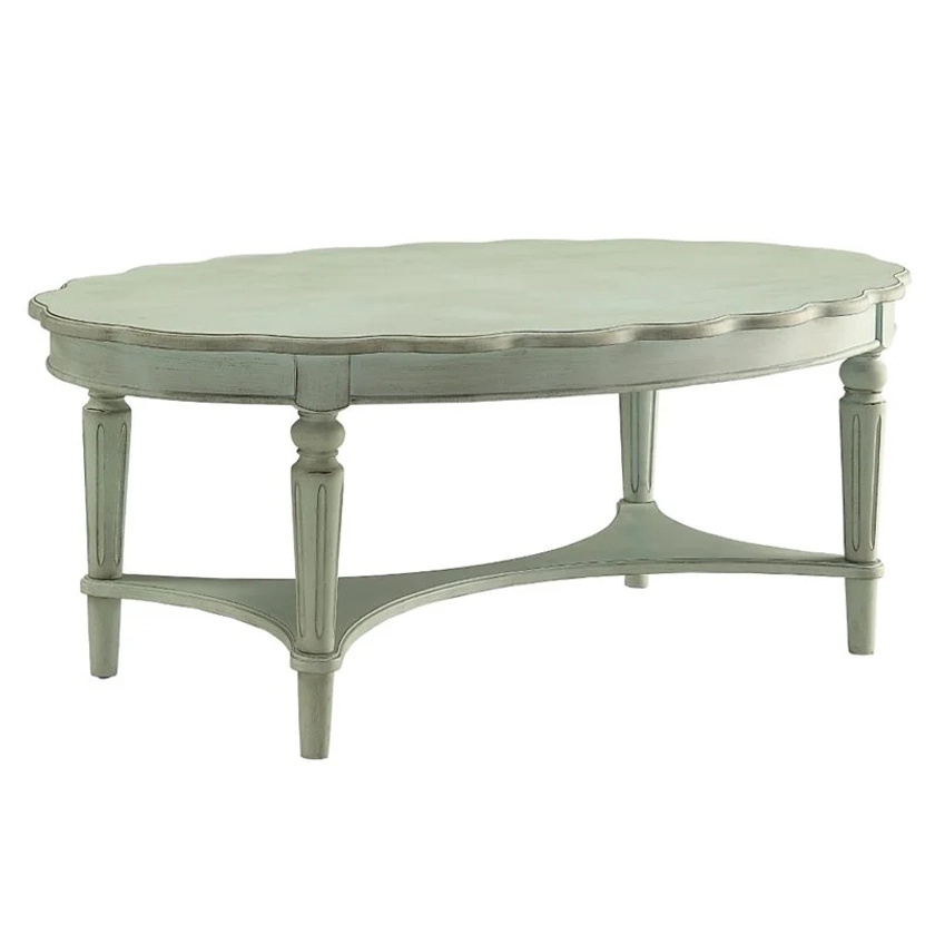 ACME Fordon Oval Wooden Coffee Table with Bottom Shelf in Antique Green