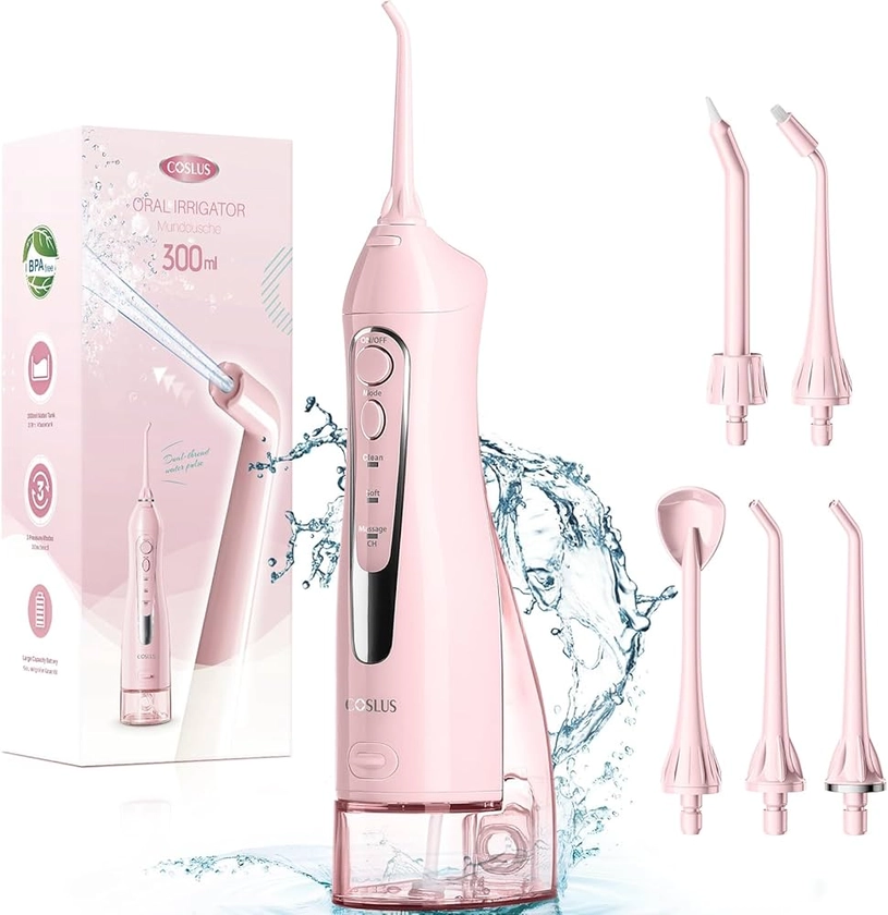 COSLUS Water Dental Flosser Teeth Pick: Portable Cordless Oral Irrigator 300ML Rechargeable Travel Irrigation Cleaner IPX7 Waterproof Electric Waterflosser for Teeth Cleaning F5020E Pink