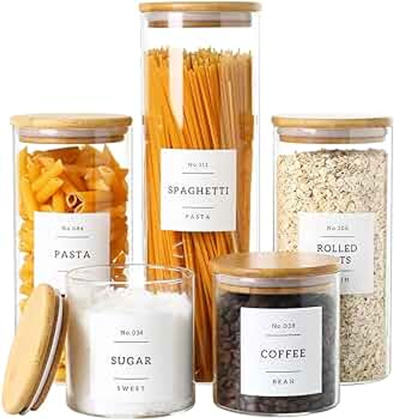 5 Pack Glass Jars with Bamboo Airtight Lids - Stackable Food Storage Containers with 132 Pantry Labels - with Wood Lid for Candy, Cookie, Rice, Sugar, Flour, Pasta, Nuts