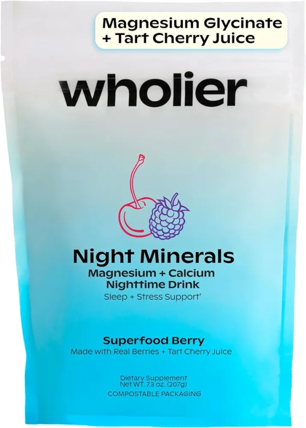 Wholier Magnesium Glycinate & Magnesium Citrate, Tart Cherry Juice, Chelated Calcium. Calming Nighttime Drink. Night Minerals.(30 Servings) Compostable Pouch