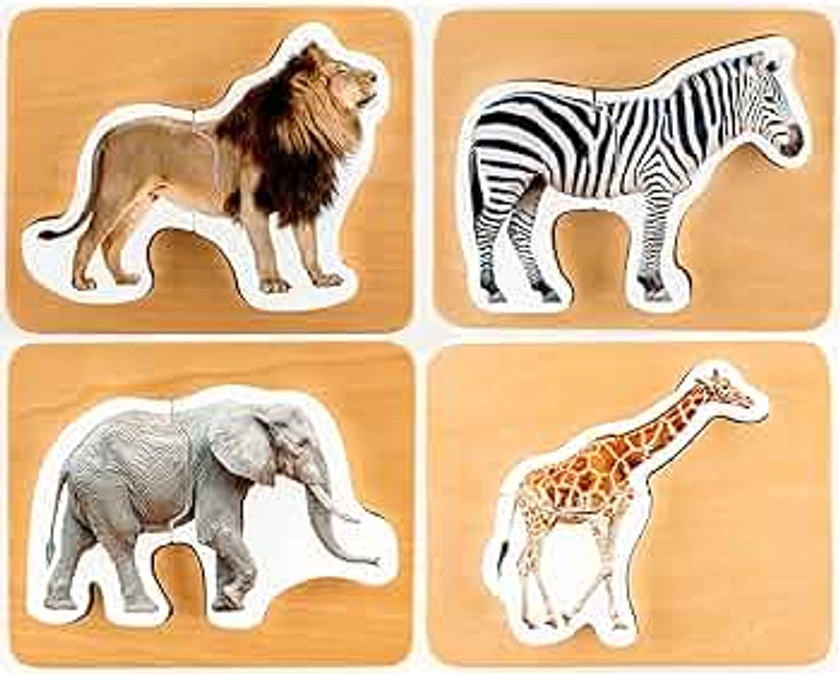 Wooden Montessori Animal Puzzles for Toddlers 2+ Years | Realistic Chunky Safari Animal Shape Puzzle | Educational Learning Toy