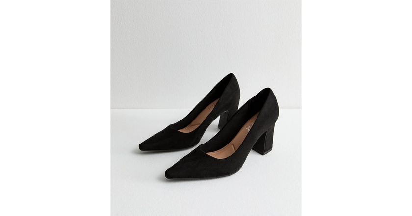 Black Suedette Block Heel Court Shoes | New Look