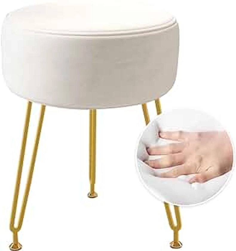 Ottoman Velvet Vanity Stool - Stool for Bedroom，Super Soft Padded Comfy Chair for Small Spaces, Footrest 3 Metal Legs with Anti-Slip Feet，Vanity Chair for Makeup Room,Living Room,Bathroom,Dormroom