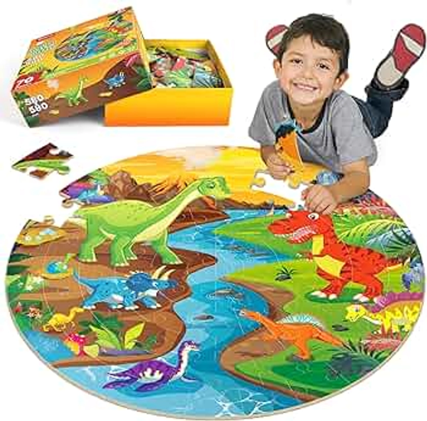 SYNARRY Giant Dinosaur Floor Jigsaw Puzzle for Kids 3 4 5 6 7 8 Year Olds, 70 Piece Big Round Educational Jigsaw, Dinosaur Toys Game Gifts for Toddlers Children Boys Girls