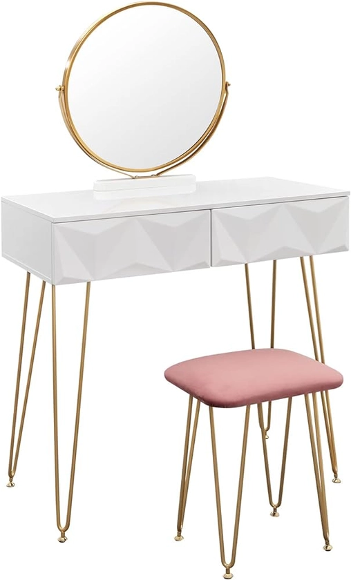eSituro Dressing Table with 360° Revolving Round Mirror, Bedroom Make-up Table with 2 Drawers and Padded Stool in Velvet, Modern Vanity Table, 80x40cm, Wood + Metal, White + Pink SDT0069