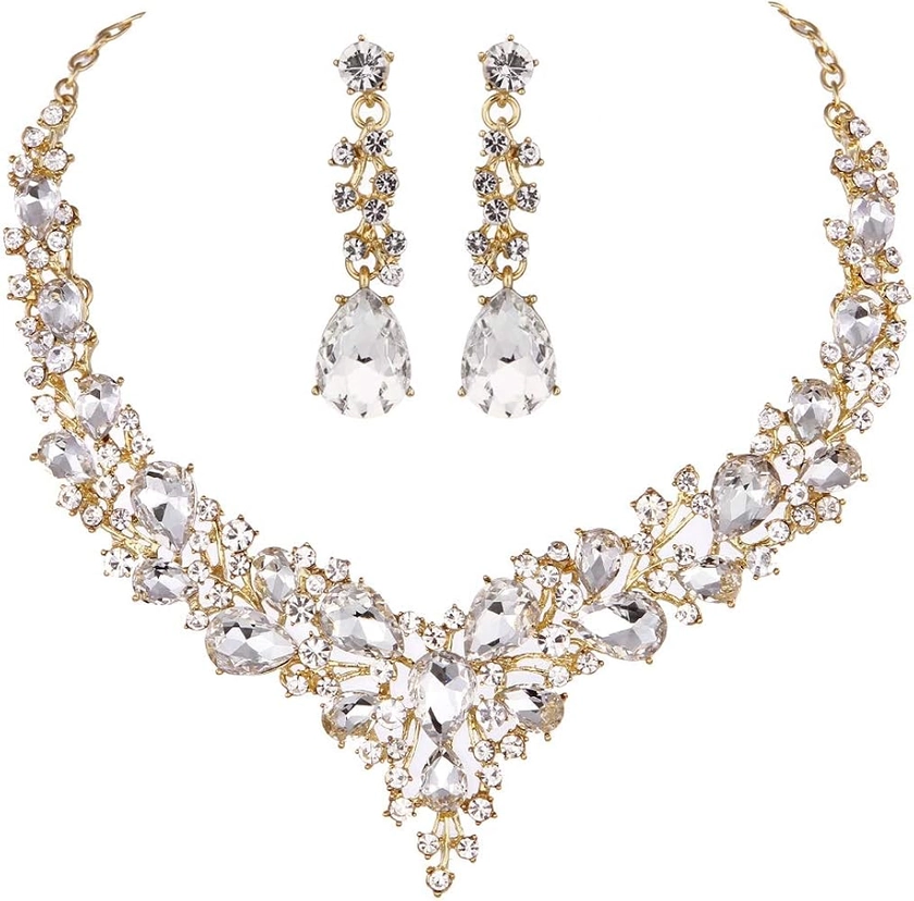 Amazon.com: Molie Bridal Austrian Crystal Necklace and Earrings Jewelry Set Gifts fit with Wedding Dress (Clear-Gold tone): Clothing, Shoes & Jewelry