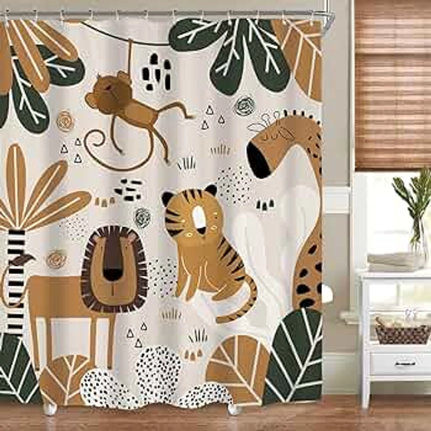 Riyidecor Kids Cartoon Woodland Shower Curtain for Bathroom Decor 60Wx72H Baby Child Cute Funny Animals Tropical Leaves Wildlife Nursery Art Printed Fabric Polyester Waterproof 12 Pack Hooks