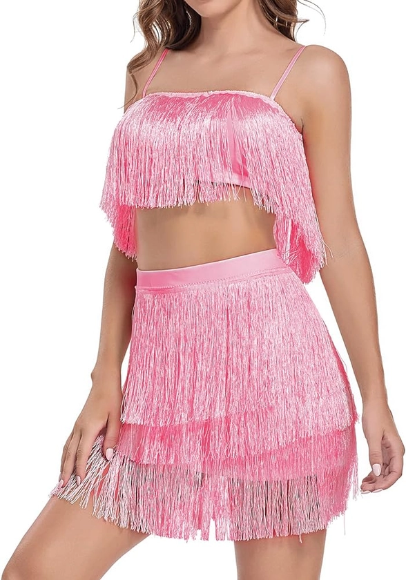 Fenyong 2 Piece Women Sexy Tassels Bodycon Crop Top Mini Dress Outfits Clubwear Skirt Set