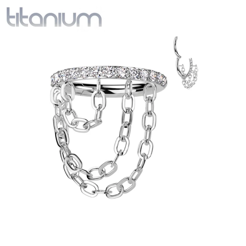 Implant Grade Titanium White Pave CZ Triple Chain Dangle Hinged Clicker Hoop