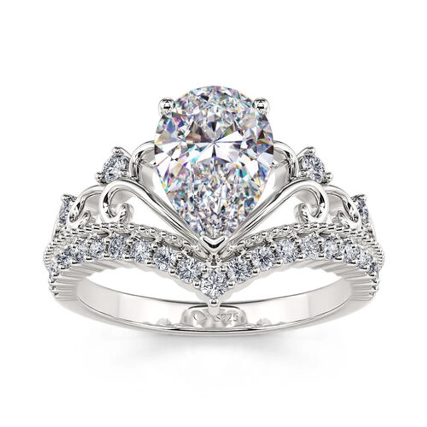 Jeulia Crown Design Pear Cut Sterling Silver Ring