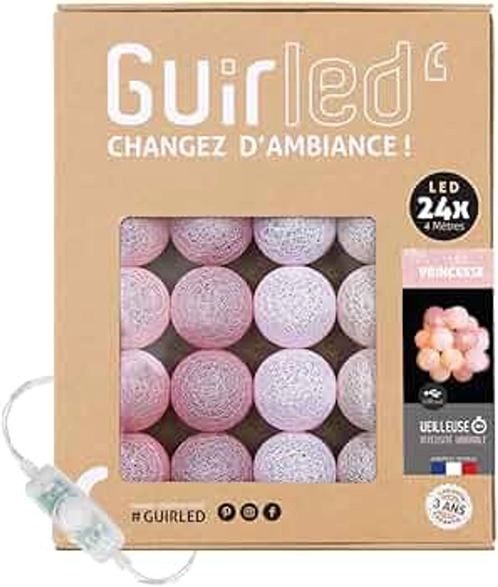 GuirLED - Guirlande lumineuse boules coton LED USB - Veilleuse bébé 2h - Adaptateur secteur double USB 2A inclus - 3 intensités - 24 boules 2.4m - Princesse