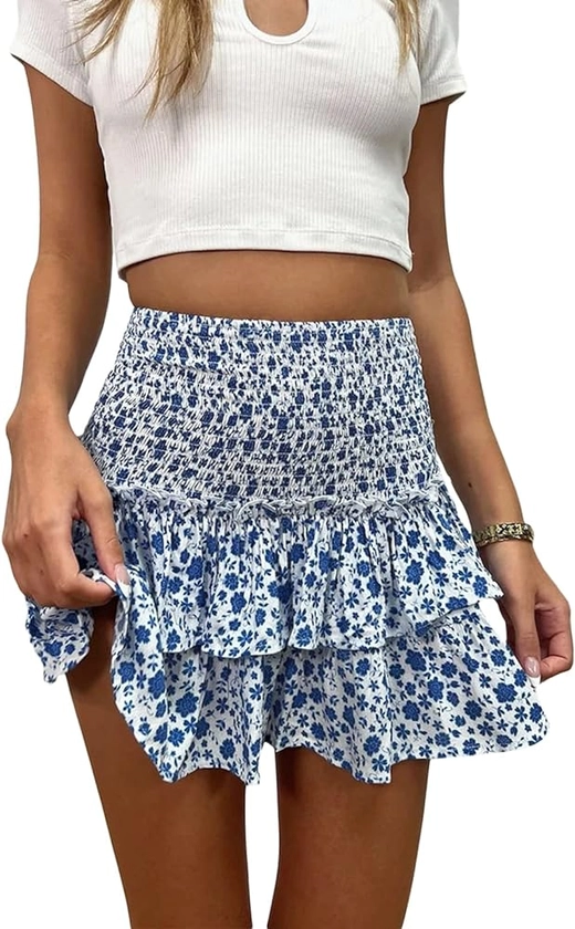 Women's Summer High Waist Ruffle Tiered Mini Skirt Floral Printed A-line Bohemian Layered Ruffled Beach Cute Skirt