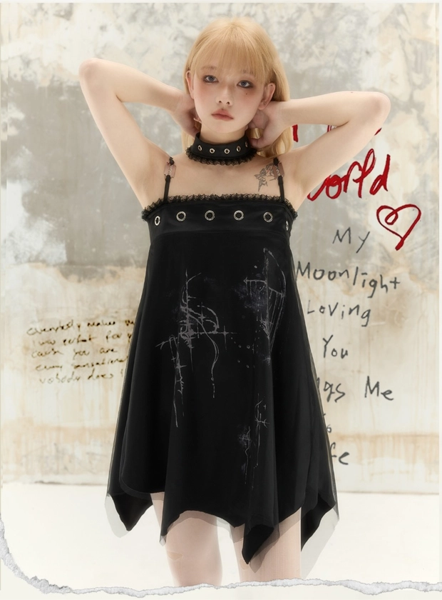 MoonFaust Punk Romantic Print Satin Mesh Irregular Two-Wear Suspender Dress - shop.cor