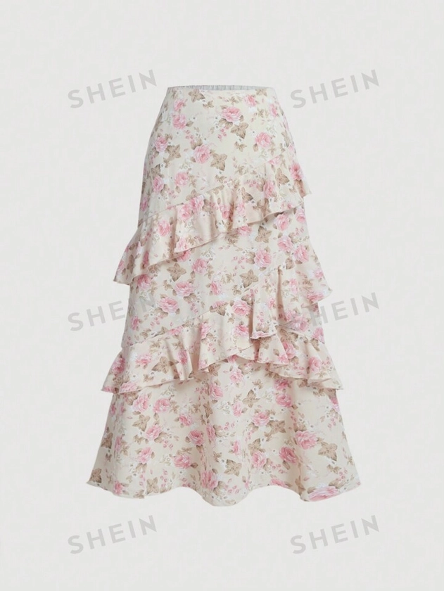 SHEIN MOD Women's Floral Printed Multi-Layered Ruffle Hem Skirt