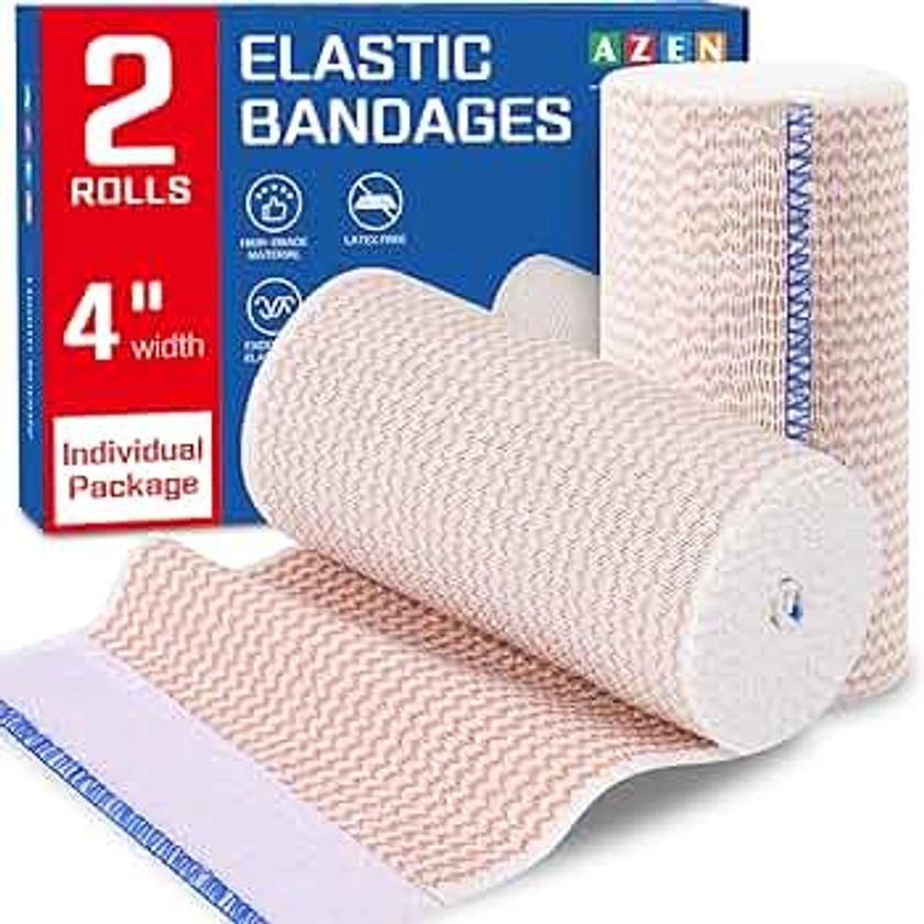 AZEN 4in Premium 2 Pack Elastic Bandage Wrap, Compression Wrap Bandage for Legs, Ankle, Knee, Tummy, Body, Lymphedema Wraps for Legs, Latex-Free