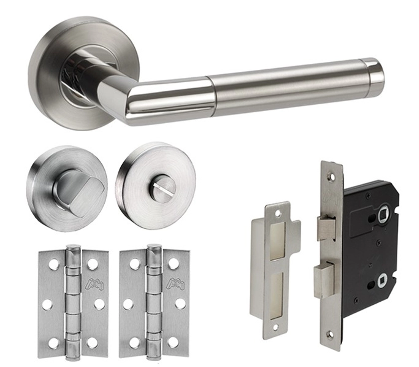 Stainless Steel Bathroom Door Handle Pack with Lock, Turn and Hinges