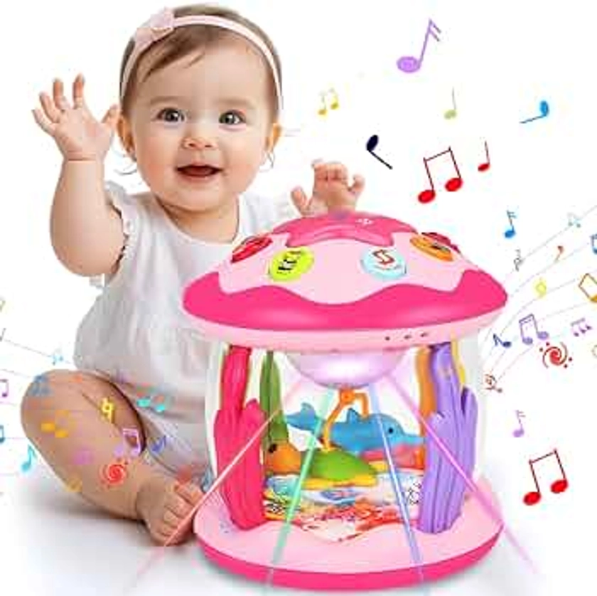 Baby Girl Toys 6-12 Months: Babies Ocean Rotating Light Up Musical Toys 12-18 Months Crawling Learning Infant Toys for Toddlers 1 2 3 Years Old Baby Girl Gifts (Pink)