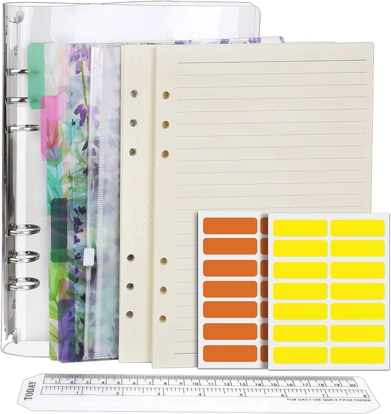 Teenitor Refillable A5 Notebook Set with Cover - 6 Hole Loose Leaf PVC Binder Cover, Dotted Refills & Ruled Lined Paper, 6 Pcs PP Subject Dividers, Zip Lock Envelope, Ruler and 28 pcs Sticky Label
