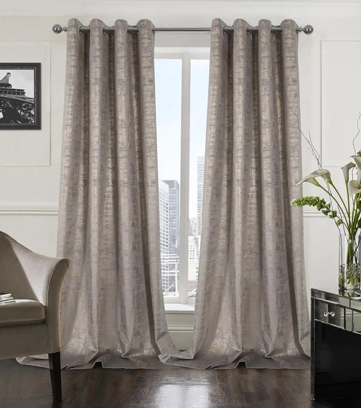 always4u Champagne Soft Velvet Curtains 120 Inch Length Long Luxury Bedroom Curtains Silver Foil Print Window Curtains for Living Room Bedroom Set of 2