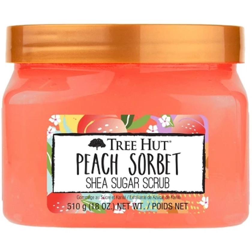 Tree Hut Peach Sorbet Shea Sugar Grapefruit, Strawberry, Melon, Banana & Apricot Body Scrub - 18oz