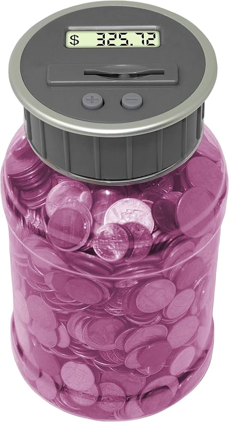 Digital Coin Bank Savings Jar - Automatic Coin Counter Totals all U.S. Coins including Dollars and Half Dollars - Original Style, Transparent Pink Jar