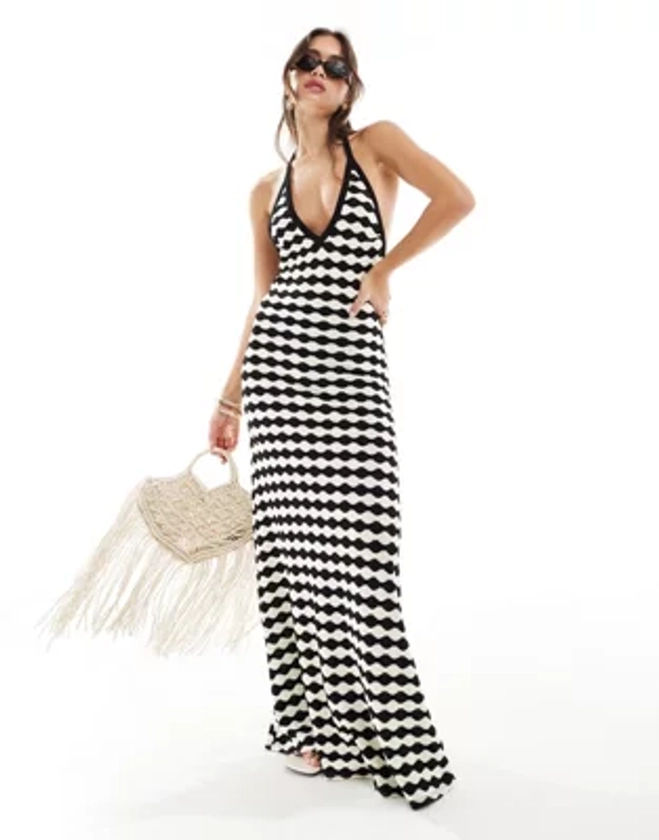 ASOS DESIGN - Robe longue en maille au crochet avec encolure américaine - Imprimé noir et blanc