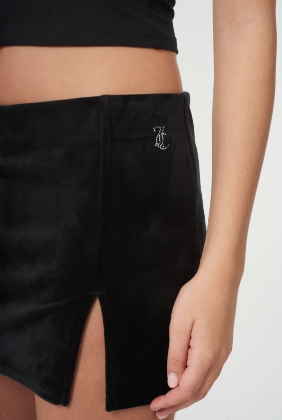 BLACK DIAMANTE VELOUR SPLIT MINI SKIRT