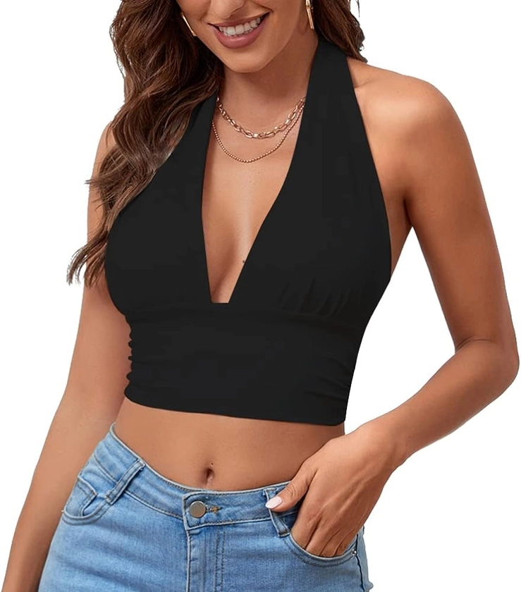 Rooscier Women's Deep V Neck Halter Tie Back Sleeveless Backless Cami Crop Top