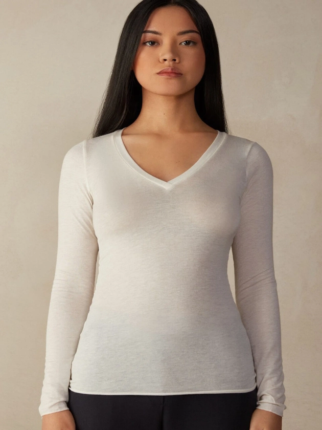 Blusa Manga Comprida Decote Em v Com Cashmere - Off-White