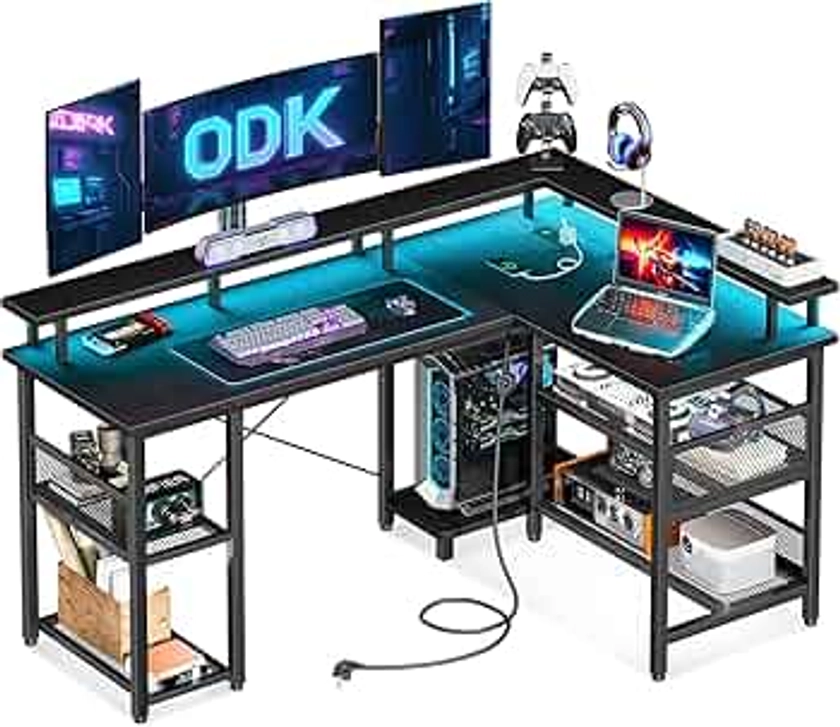 ODK L Shaped Gaming Desk with Power Outlet and LED Lights, PC Gaming Table with USB Ports, Reversible L Shape Desk with Storage Shelves & Monitor Stand, Home Office Desk (Black, 150×102cm)