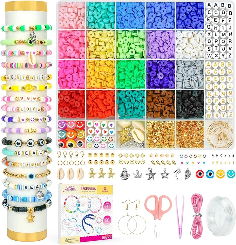 Amazon.com: Dowsabel 5000 Pcs Clay Beads Bracelet Making Kit for Beginner, Heishi Flat Preppy Polymer Clay Beads with Charms Kit for Jewelry Making, DIY Arts and Crafts Birthday Gifts Toys for Kids Age 6-12